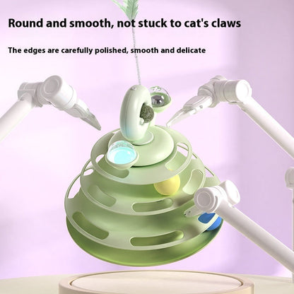 4-level green cat toy tower with turning turntable and roller balls for interactive play on Tampa Home & Garden Store