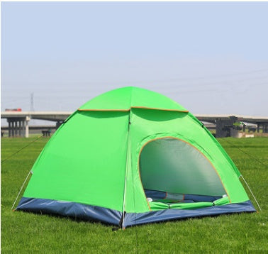 Camping tent My Store bright green with blue base and open doorway on grassy field on Tampa Home & Garden Store
