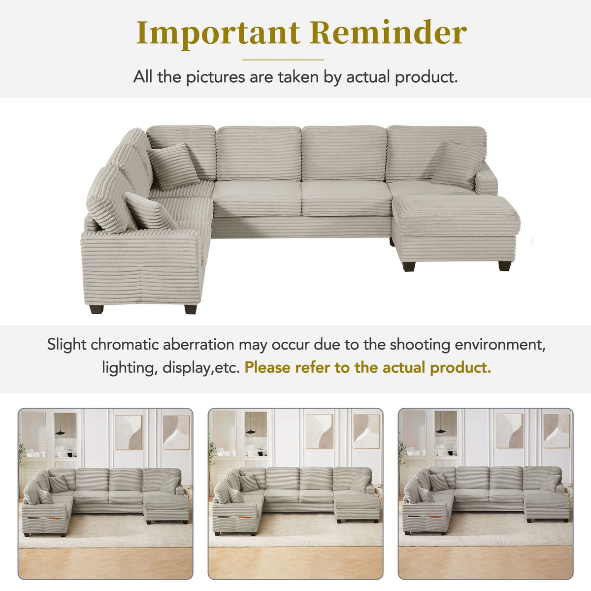 Upholstered U-shaped sectional sofa with movable ottoman and side storage pockets in beige on Tampa Home & Garden Store