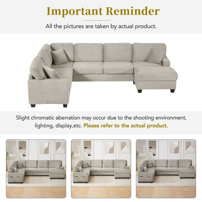 Upholstered U-shaped sectional sofa with movable ottoman and side storage pockets in beige on Tampa Home & Garden Store