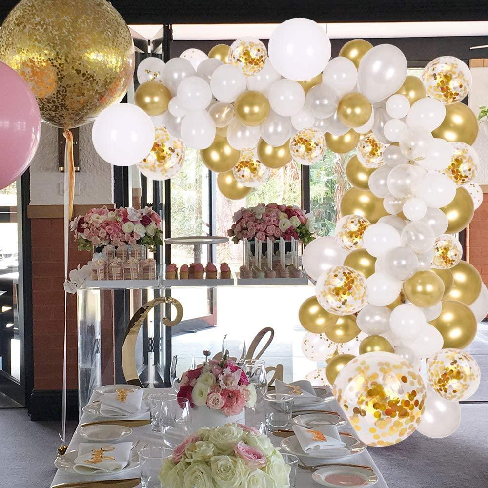 133pc Confetti Gold Silver White Balloon Arch Garland Kit by Stevvex for wedding decor on Tampa Home & Garden Store