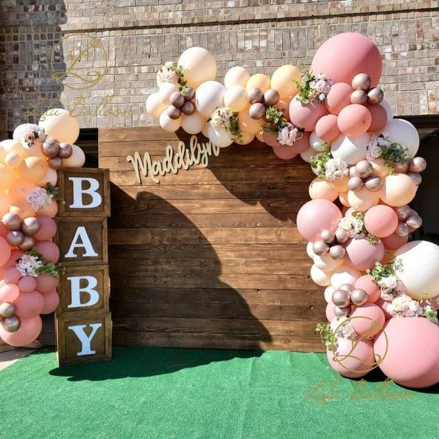 134-pc balloon garland kit in rosewood beige and chrome gold by Stevvex with BABY blocks on Tampa Home & Garden Store