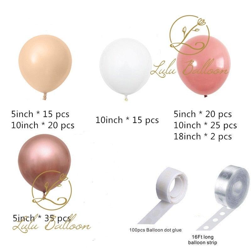 Balloon Garland Kit Stevvex 134 pcs rosewood beige chrome gold with glue dots and strip on Tampa Home & Garden Store