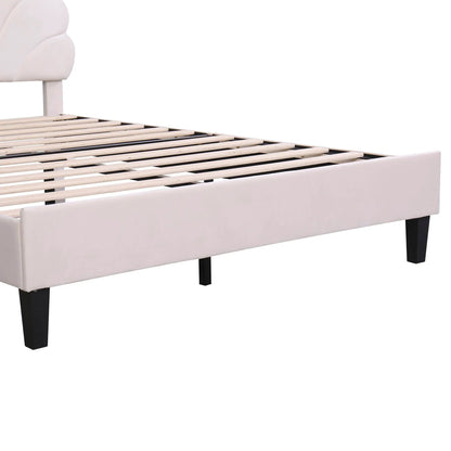 Upholstered platform bed with flower-pattern headboard in cream fabric slatted base black legs on Tampa Home & Garden Store