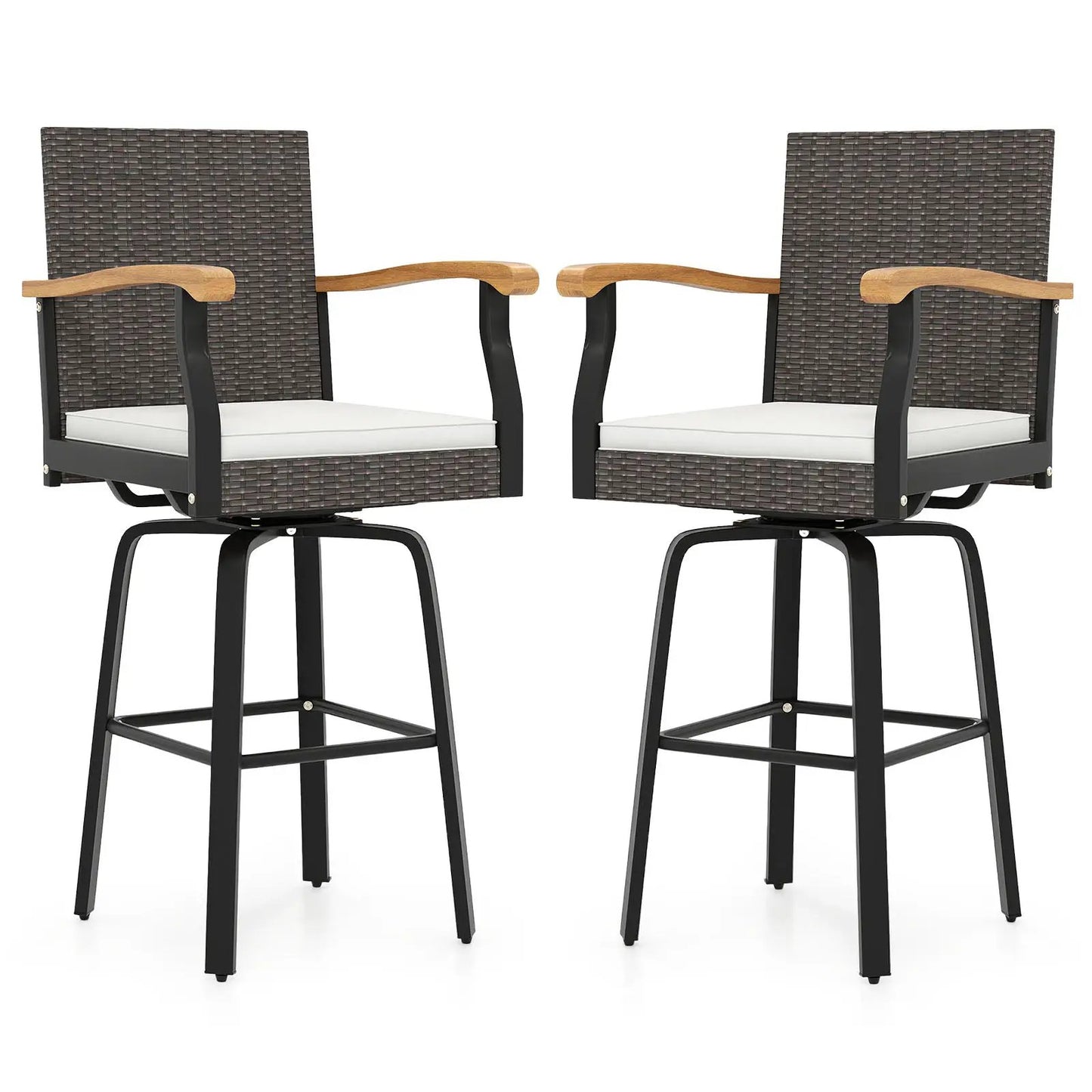 Set of 2 360° swivel bar stools with white cushions and acacia wood arms on Tampa Home & Garden Store