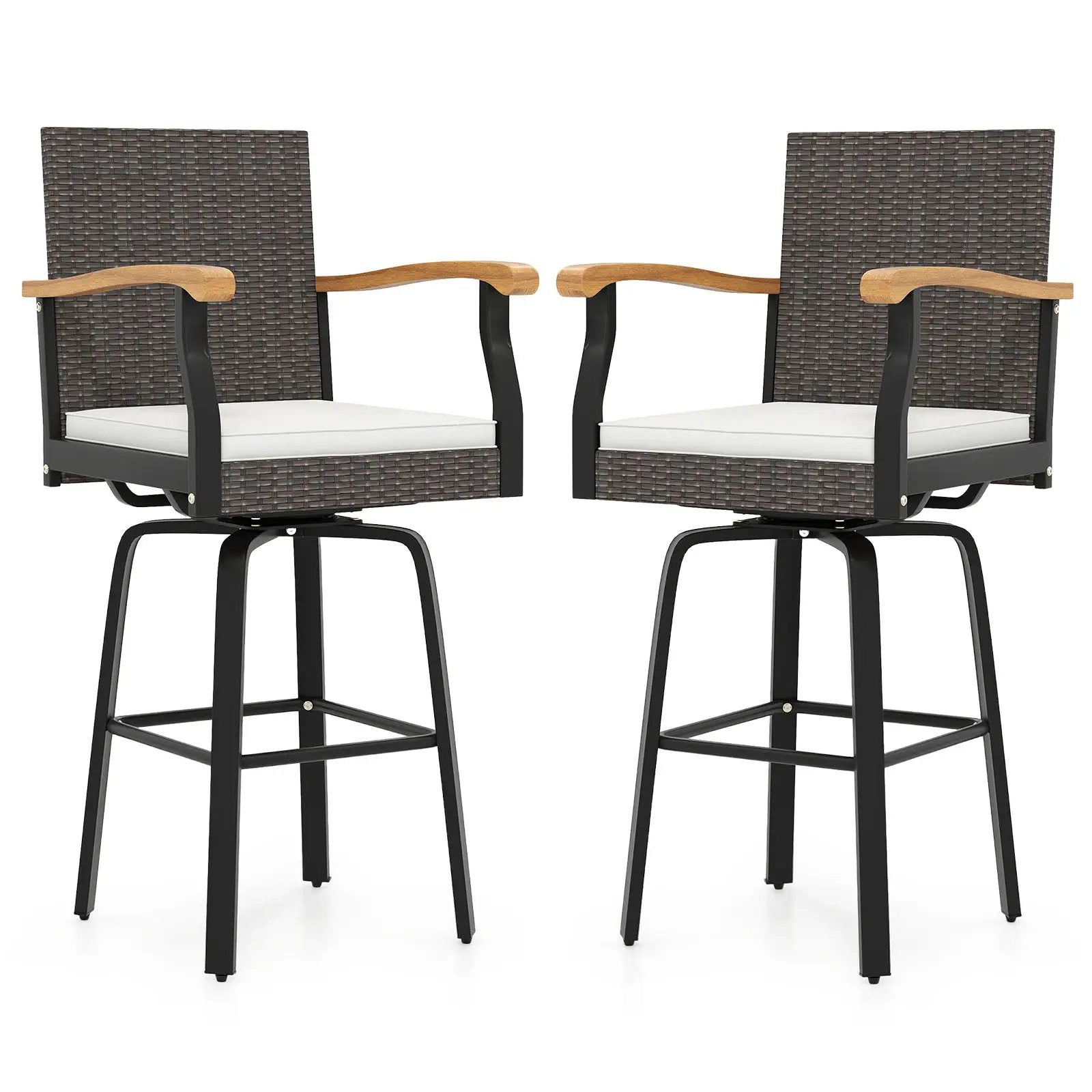 Set of 2 360° swivel bar stools with white cushions and acacia wood arms on Tampa Home & Garden Store