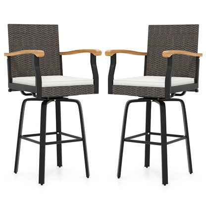 Set of 2 360° swivel bar stools with white cushions and acacia wood arms on Tampa Home & Garden Store