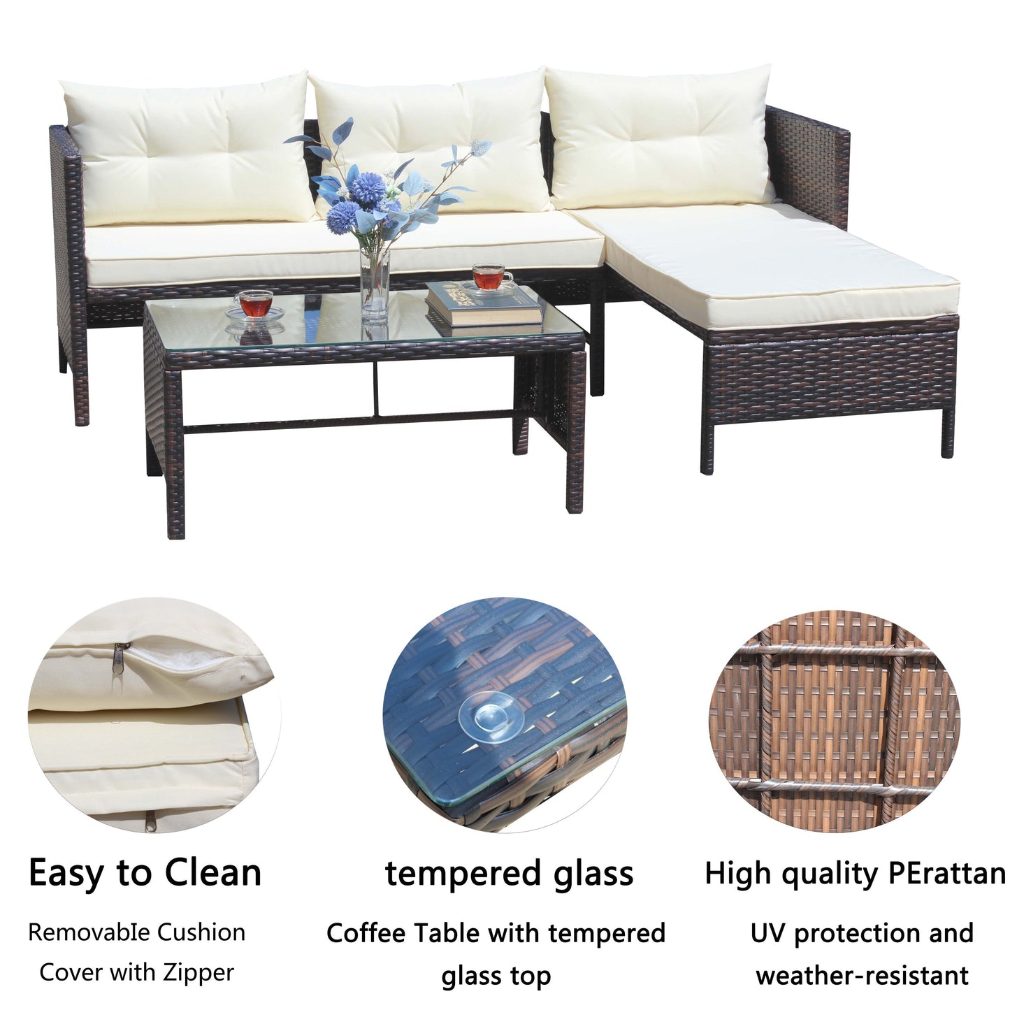 3 Piece Outdoor Wicker and Rattan Patio Set