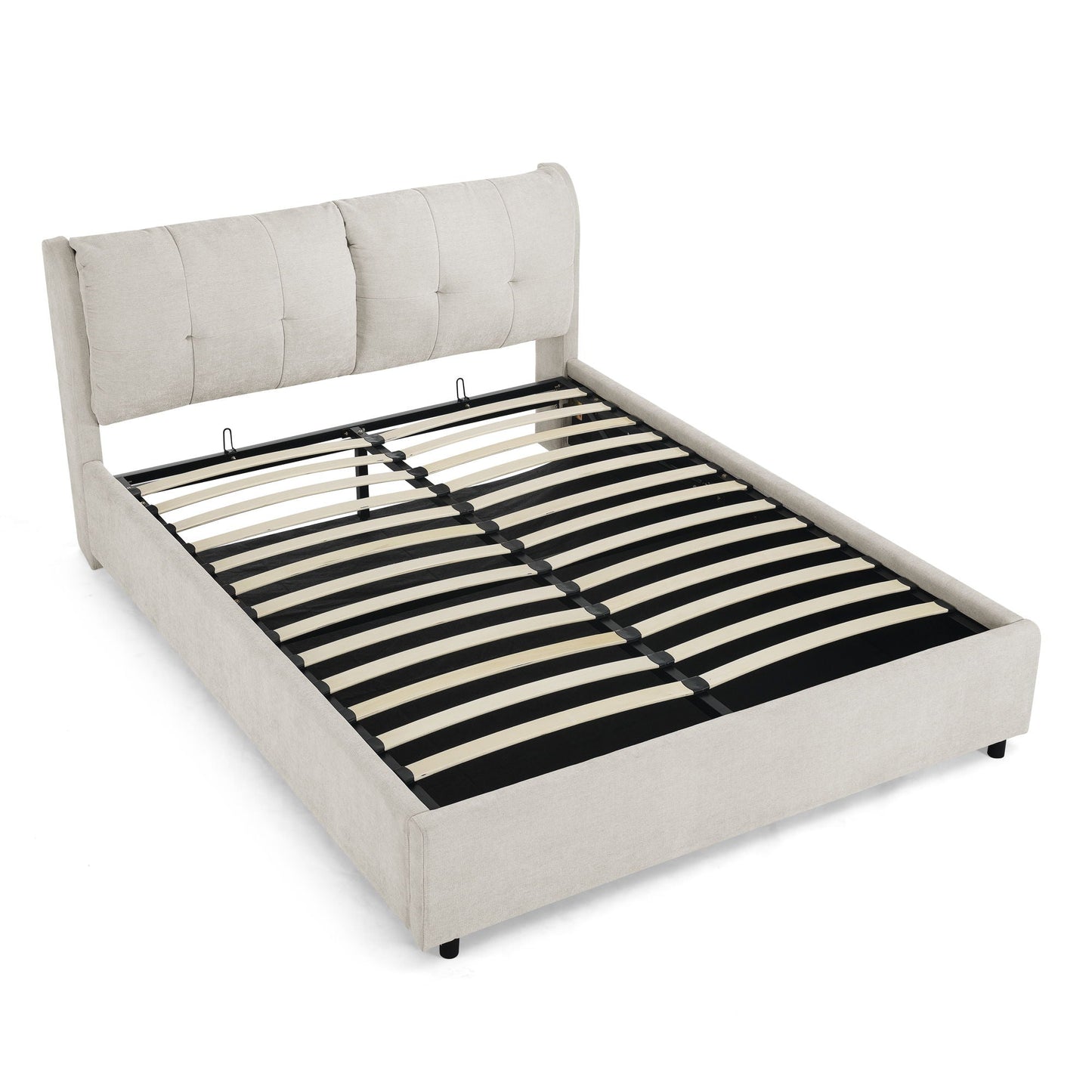 Beige upholstered storage bed with hydraulic lift and integrated tufted headboard by HouseOfZazla, slatted base shown on Tampa Home & Garden Store