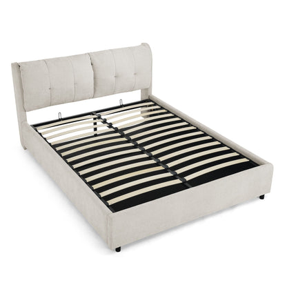 Beige upholstered storage bed with hydraulic lift and integrated tufted headboard by HouseOfZazla, slatted base shown on Tampa Home & Garden Store