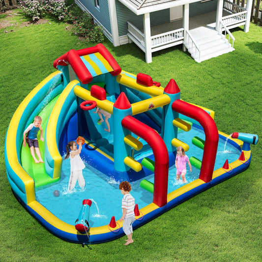 Inflatable Double Water Slide Park with Obstacle Course and Basketball Hoops - Tampa Home & Garden Store