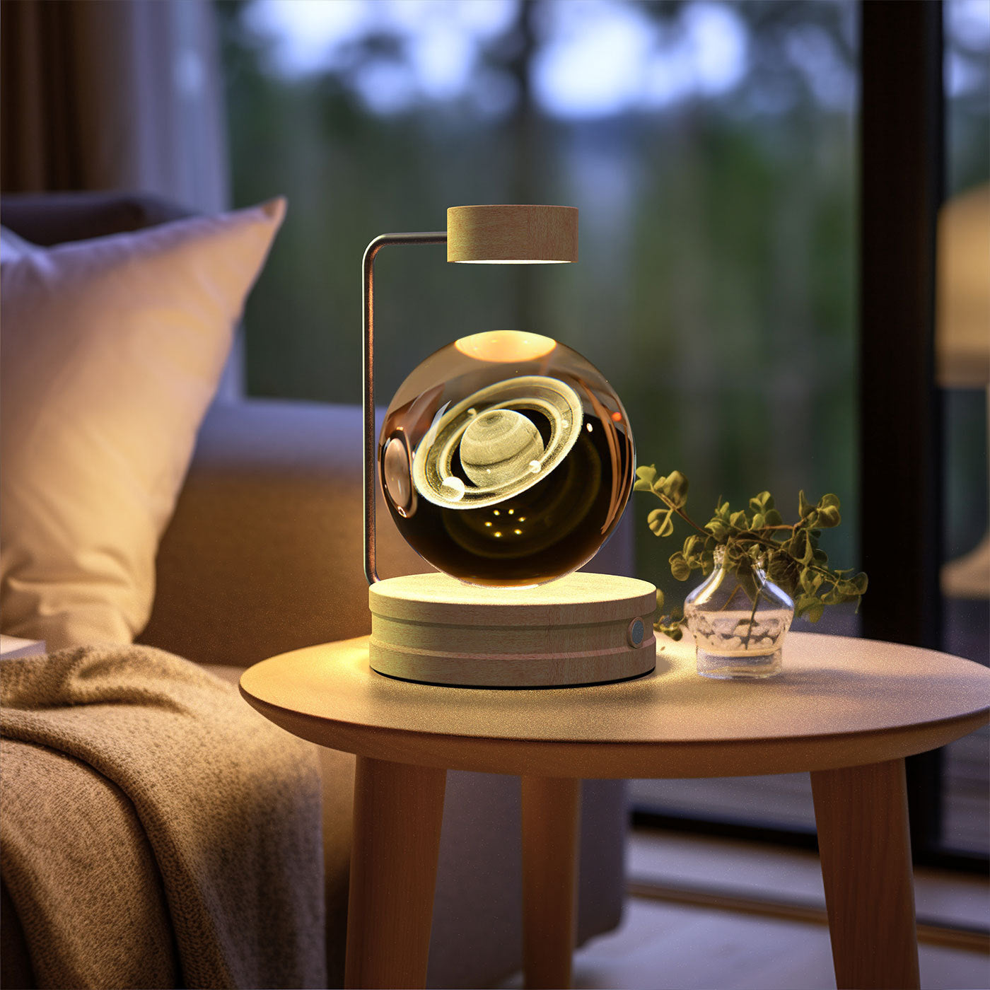 Crystal ball night light with warm glow glass globe on wooden base and metal arc USB powered lamp on Tampa Home & Garden Store
