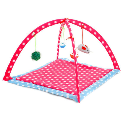 Cartoon Cat Play Tent Hammock, pink polka dot mat with blue border and hanging toys on Tampa Home & Garden Store