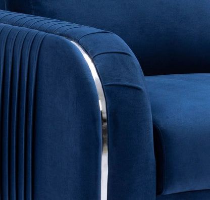 Wenona Modern Elegance Sofa blue velvet stationary sofa with chrome trim on Tampa Home & Garden Store