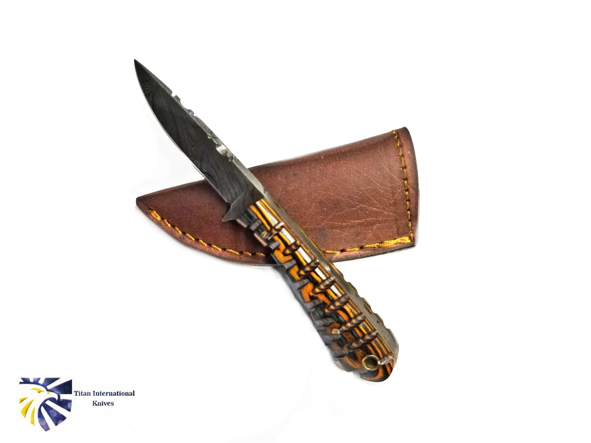 Neck knife with Damascus blade, orange-black handle, brown leather sheath by Titan TD-208 on Tampa Home & Garden Store