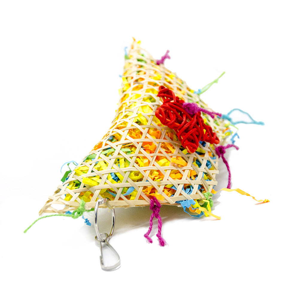 Bird brushed straw toy cone-shaped with colorful paper shreds and hanging ring on Tampa Home & Garden Store