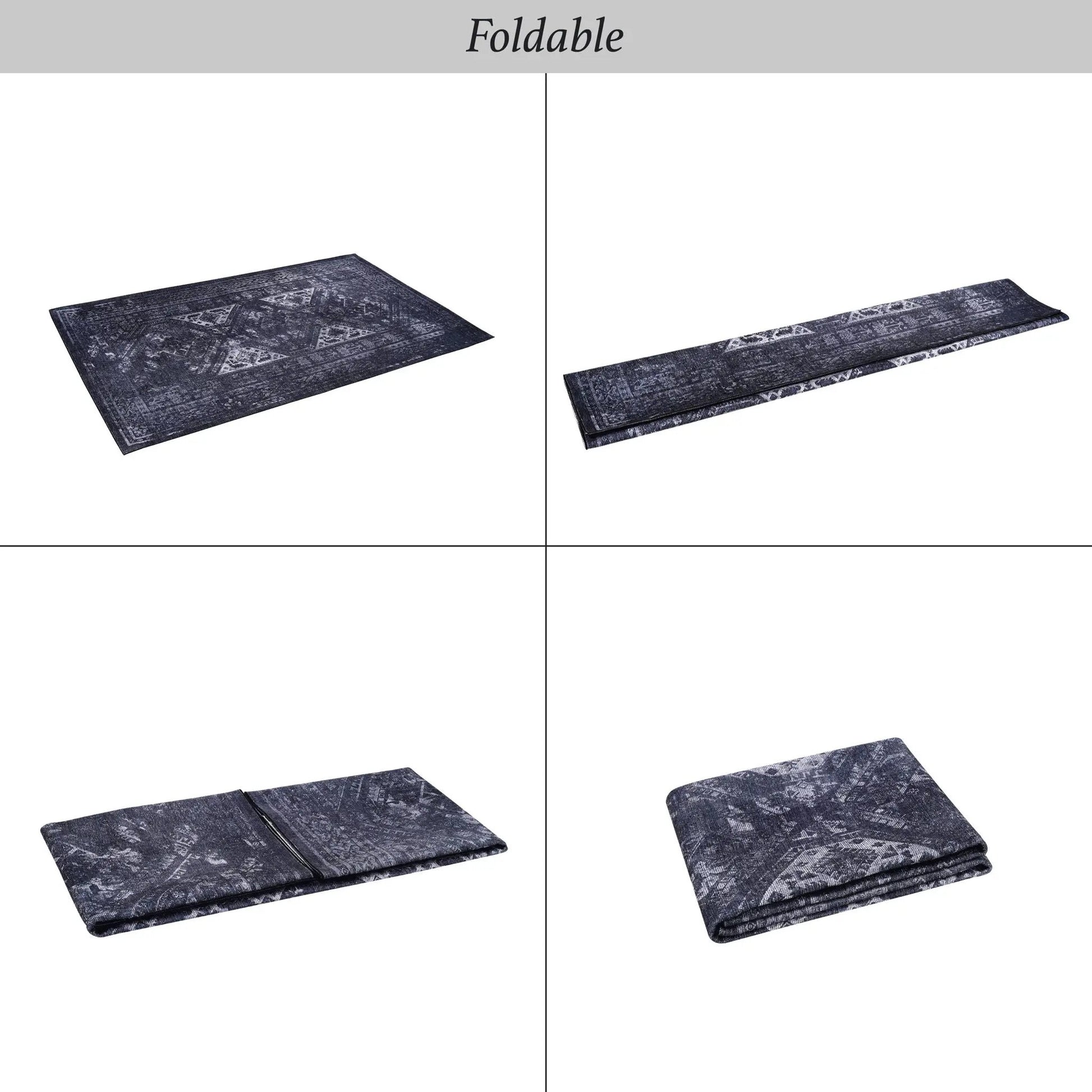 Maval washable rug navy blue geometric pattern shown unfolded and folded for easy storage on Tampa Home & Garden Store