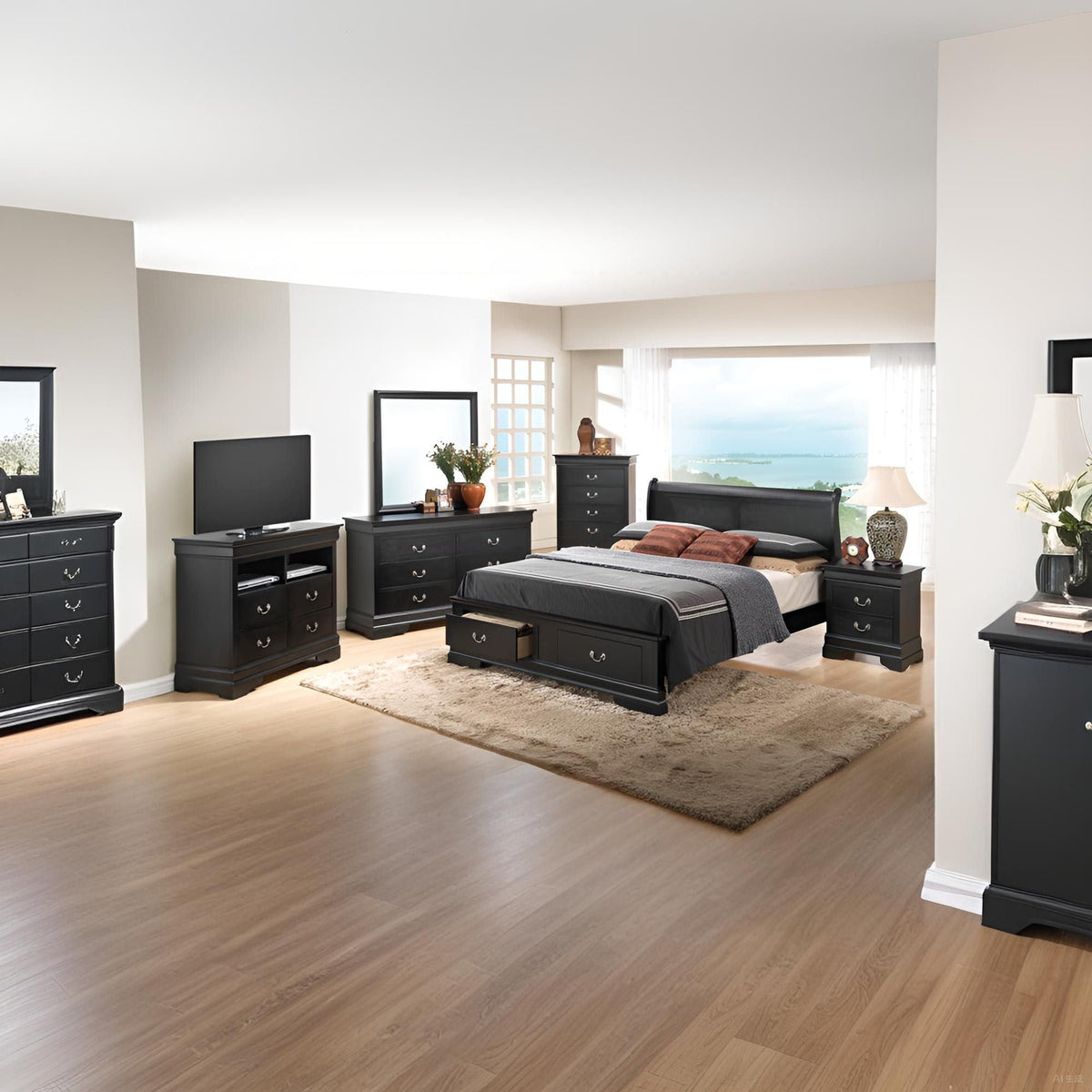 Upholstered panel sleigh bed design in black with storage drawers, paired with matching dressers on Tampa Home & Garden Store