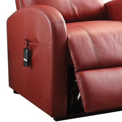 Ricardo power motion recliner with lift in red leather upholstery; remote control visible on Tampa Home & Garden Store