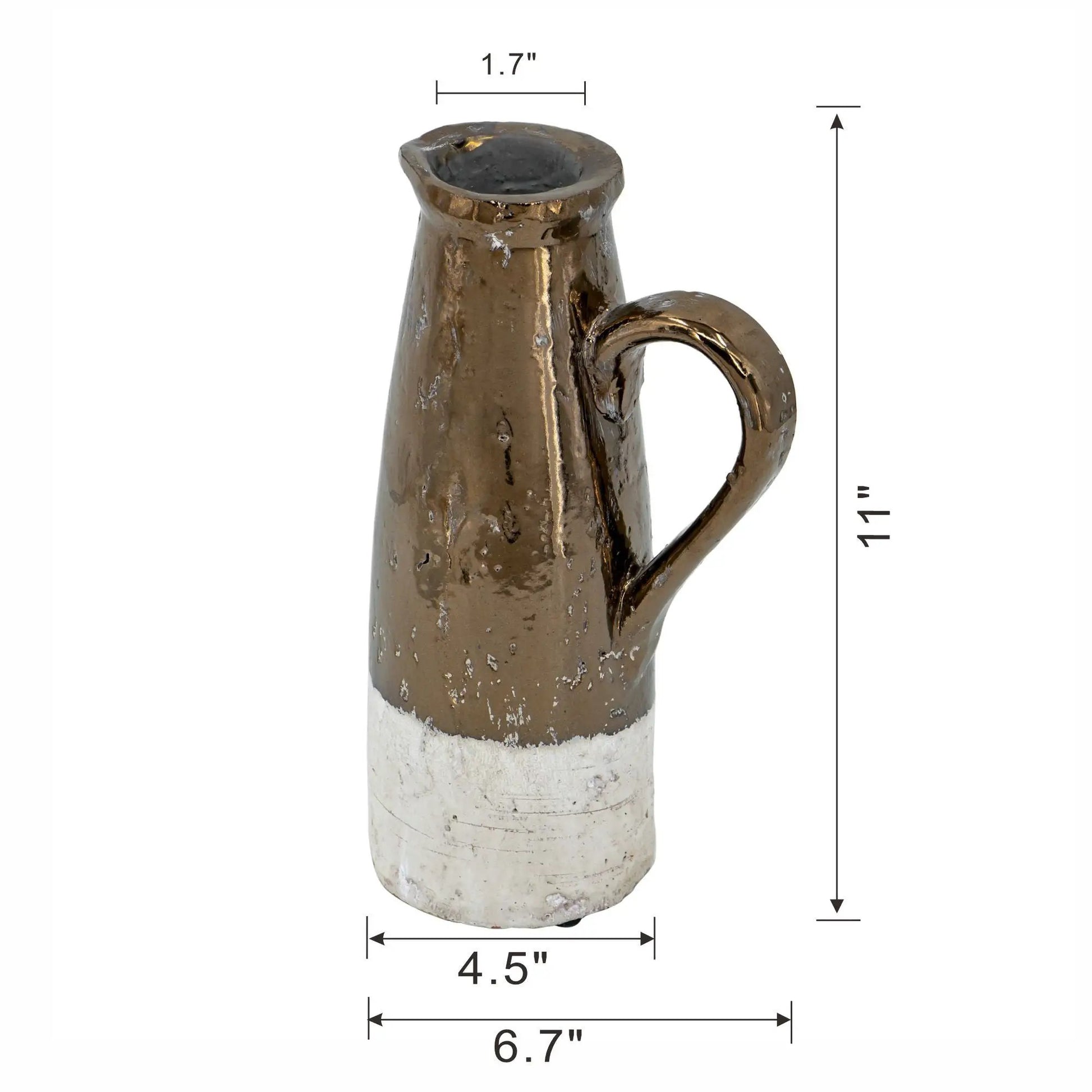 Candia Terracotta Pitcher ceramic vase, brown glaze with white base, Unique Piece Furniture on Tampa Home & Garden Store