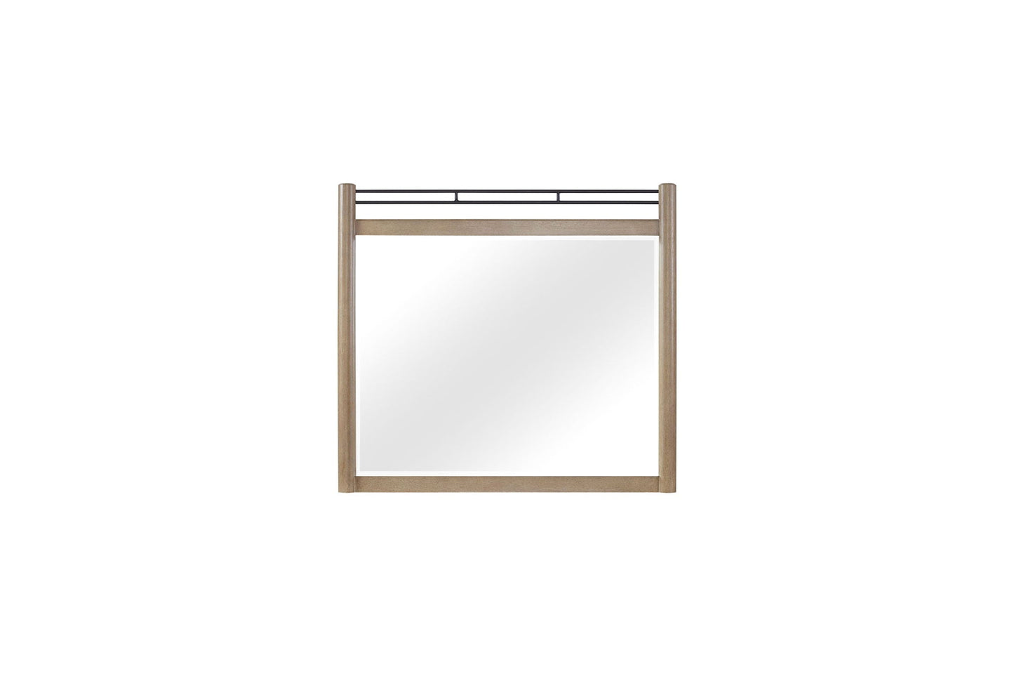 Sand finish wooden framed mirror with black metal top rail from a queen bedroom set on Tampa Home & Garden Store