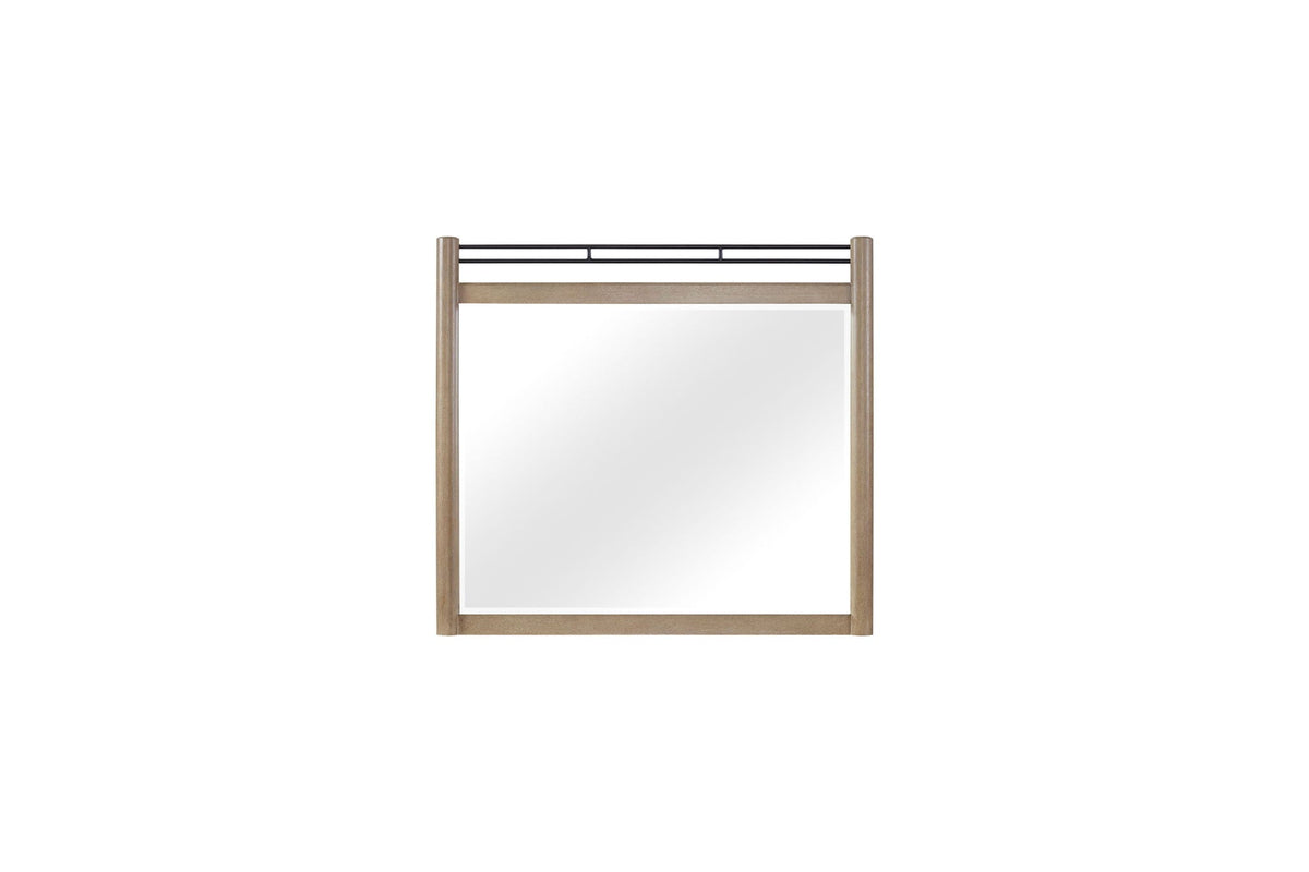 Sand finish wooden framed mirror with black metal top rail from a queen bedroom set on Tampa Home & Garden Store