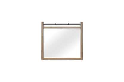 Sand finish wooden framed mirror with black metal top rail from a queen bedroom set on Tampa Home & Garden Store