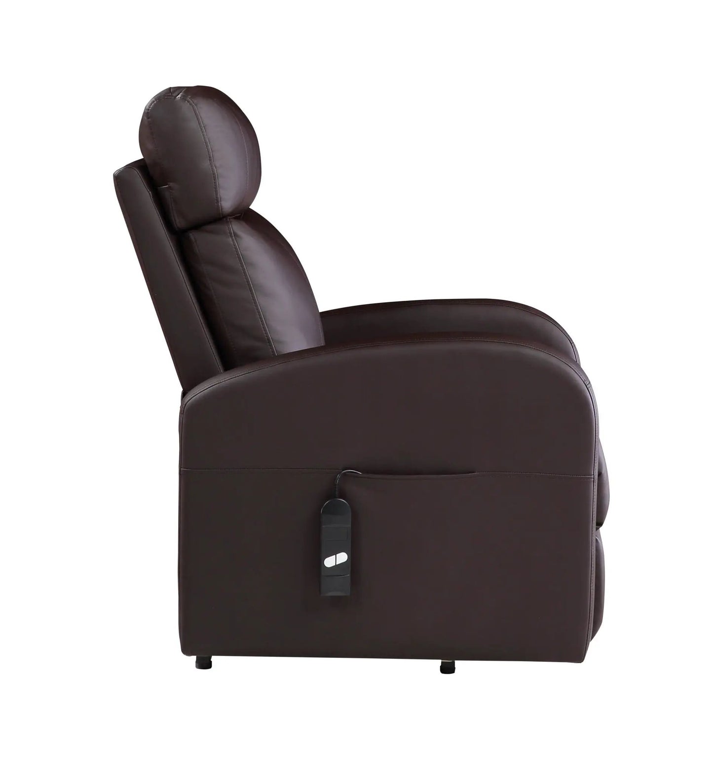 Ricardo power motion recliner with lift in dark brown leather, close-up of headrest and armrest on Tampa Home & Garden Store