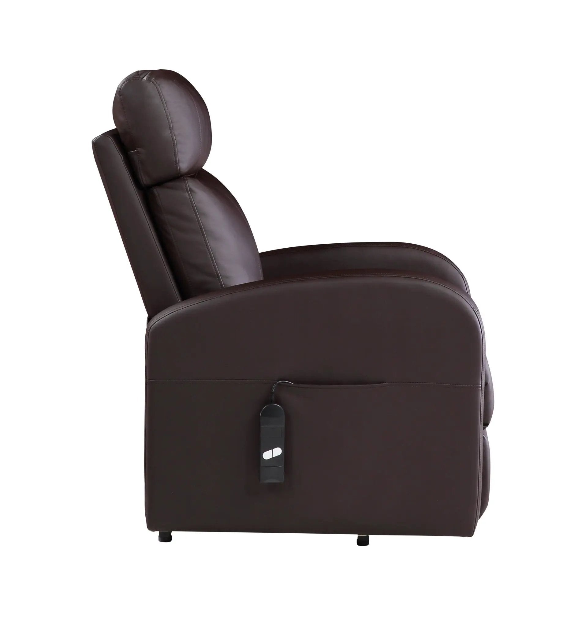 Ricardo power motion recliner with lift in dark brown leather, close-up of headrest and armrest on Tampa Home & Garden Store