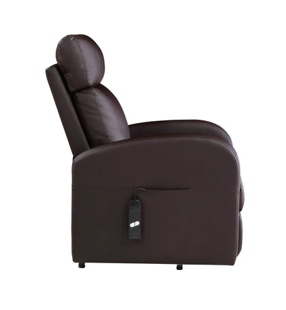 Ricardo power motion recliner with lift in dark brown leather, close-up of headrest and armrest on Tampa Home & Garden Store