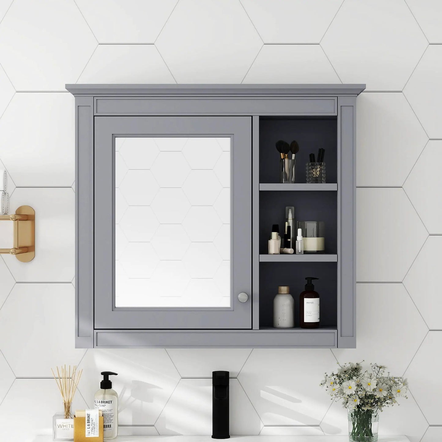 Wall Mounted Cabinet With Mirror and Open Shelves