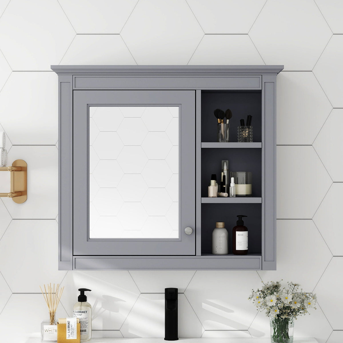 Wall mounted medicine cabinet with mirror and 3 open shelves in grey by HouseOfZazla on Tampa Home & Garden Store