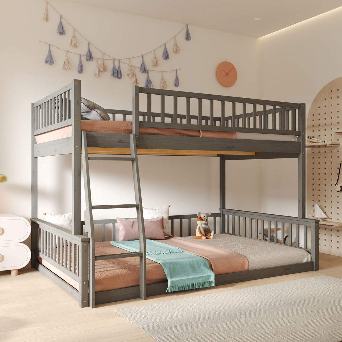 Bunk bed by HouseOfZazla, gray wooden with ladder and guardrails, two-tier setup on Tampa Home & Garden Store