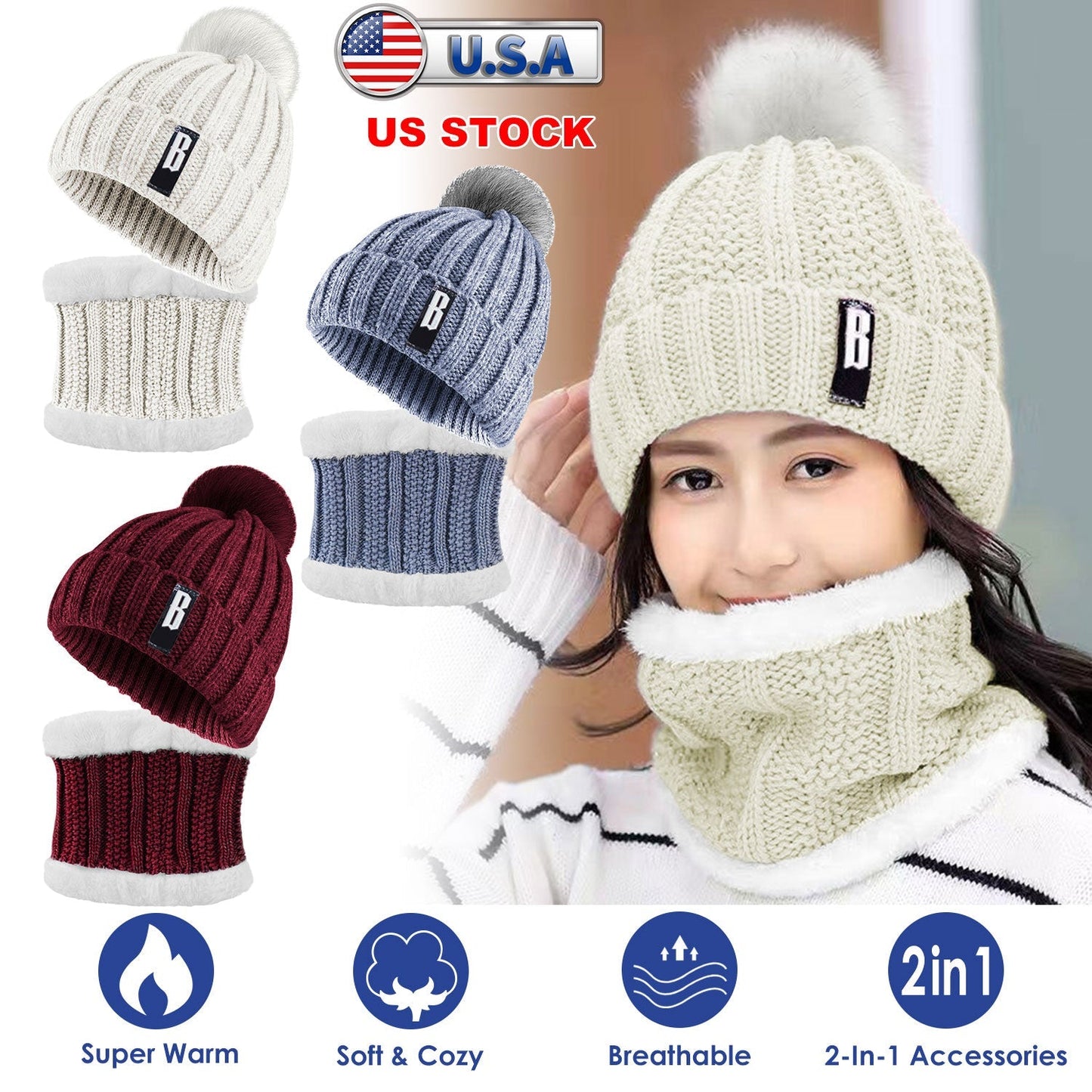 GemGear winter beanie hat scarf set for women cream knit with pom neck warmer on Tampa Home & Garden Store