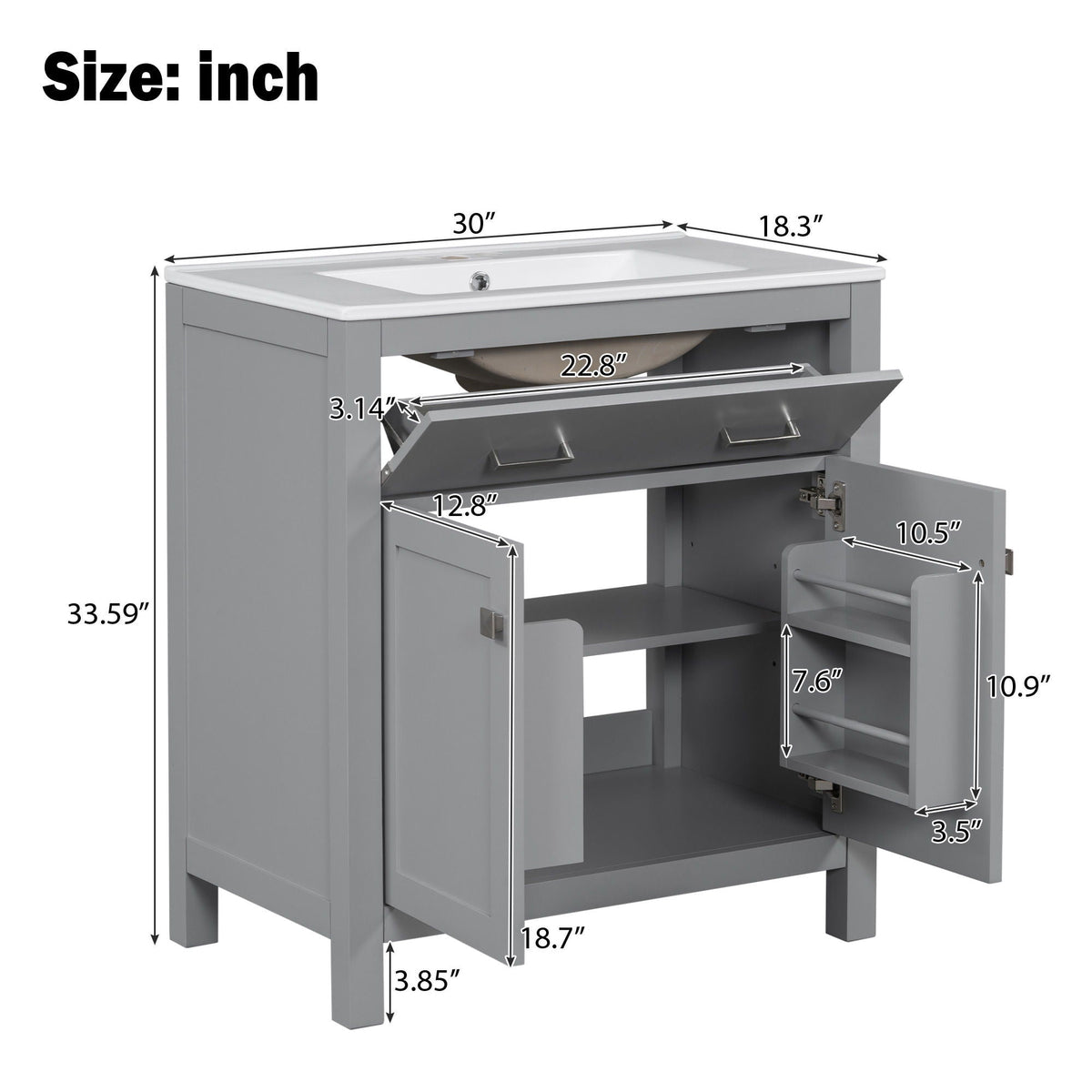 Modern bathroom vanity gray finish with white ceramic sink and soft-close doors HouseOfZazla on Tampa Home & Garden Store