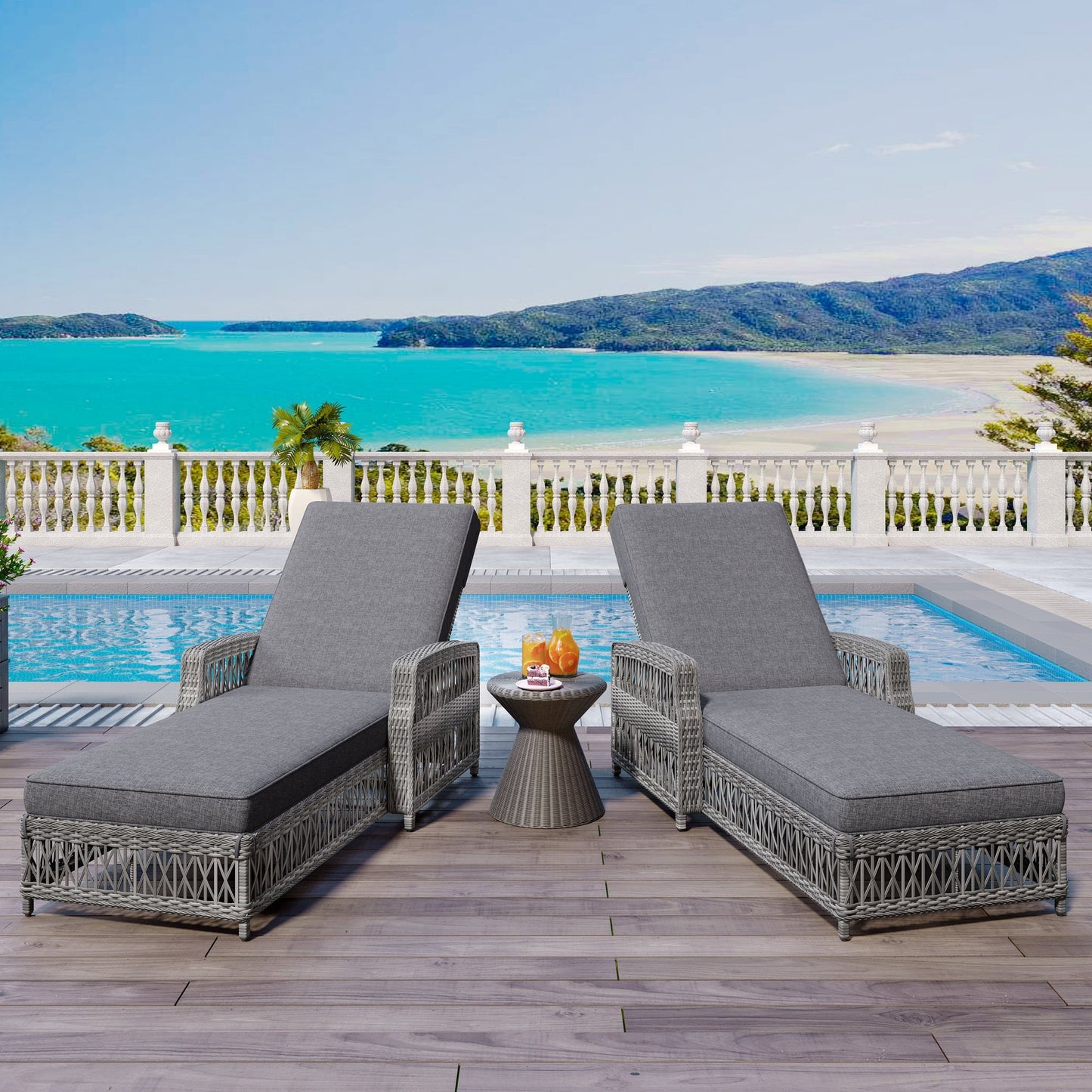 Go 2 Pieces Long Reclining Chaise Set HouseOfZazla; 2 gray wicker sunloungers by pool on Tampa Home & Garden Store