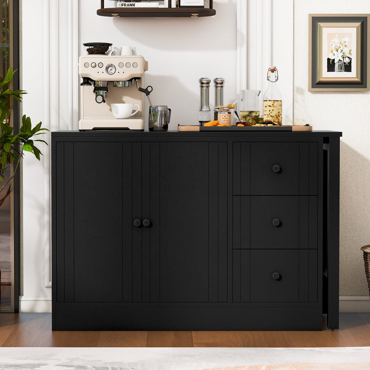 Wooden sideboard with extendable table in black finish; beige espresso machine on top on Tampa Home & Garden Store