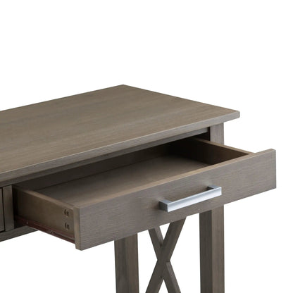 Kitchener Handcrafted Console Table in graywashed wood with X-frame legs and metal drawer pull on Tampa Home & Garden Store