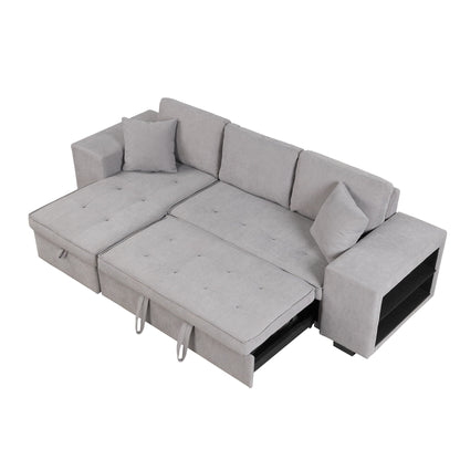 L-shaped sleeper sectional sofa by HouseOfZazla in light gray fabric with chaise and 2 stools on Tampa Home & Garden Store