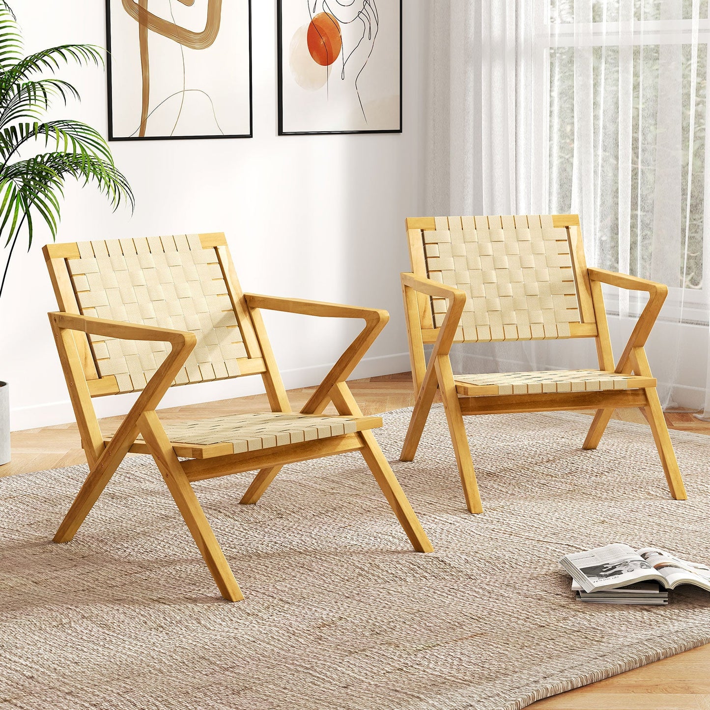 Outdoor and Indoor Teak Wood Patio Chair wuth Webbing Seat and Backrest-Natural