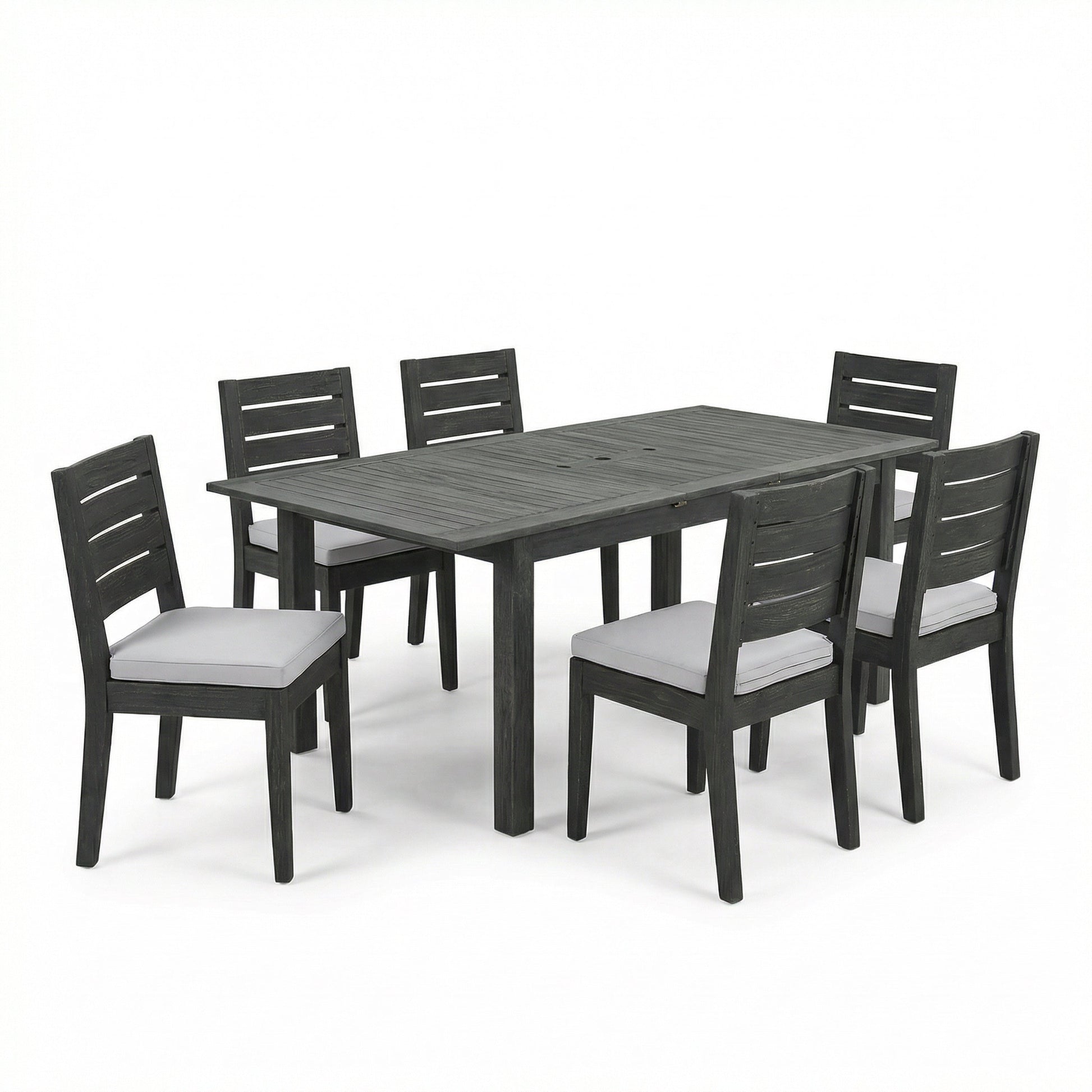7-piece outdoor dining set with extendable acacia table and black chairs on Tampa Home & Garden Store