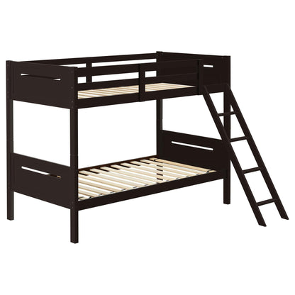 Bunk bed in dark brown wood with built-in angled access ladder and safety guardrails on Tampa Home & Garden Store