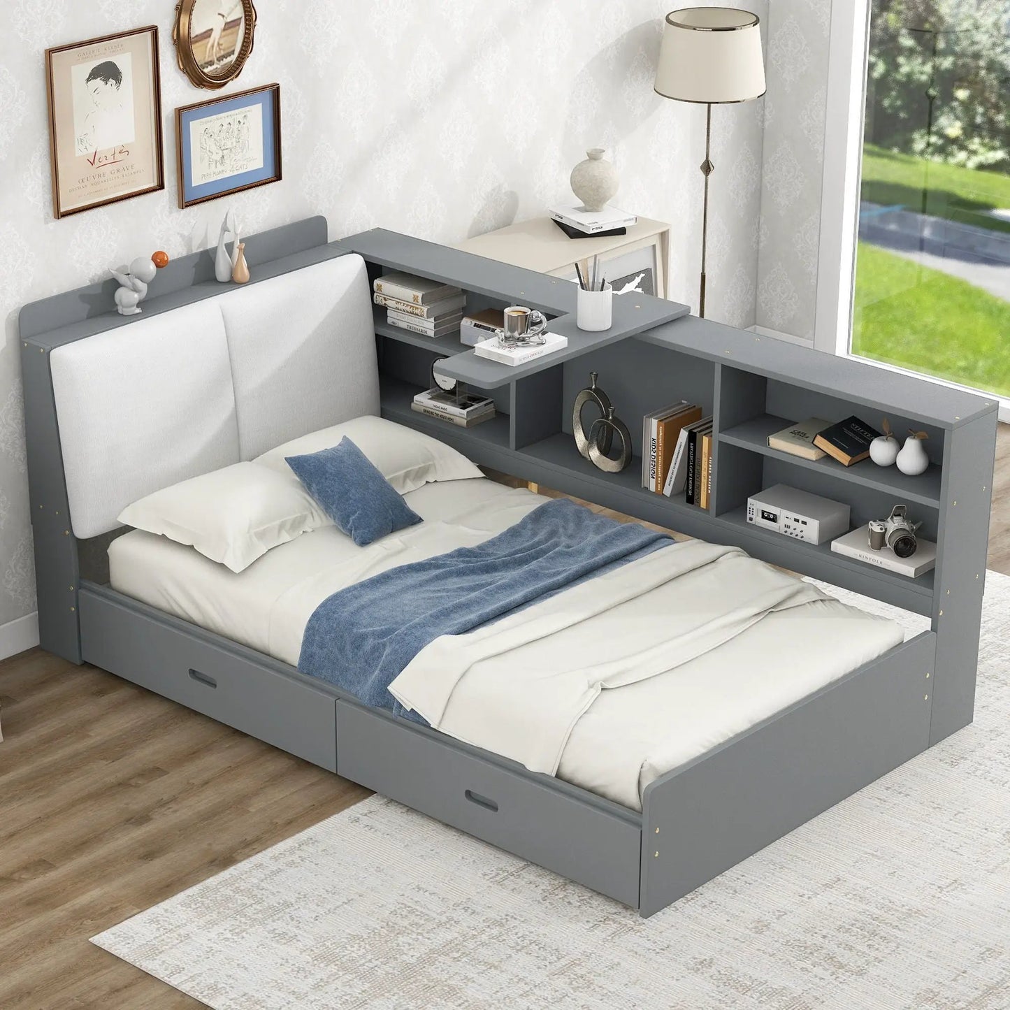 Platform Bed With Storage Headboard, Shelves And 2 Drawers in gray-blue finish on Tampa Home & Garden Store