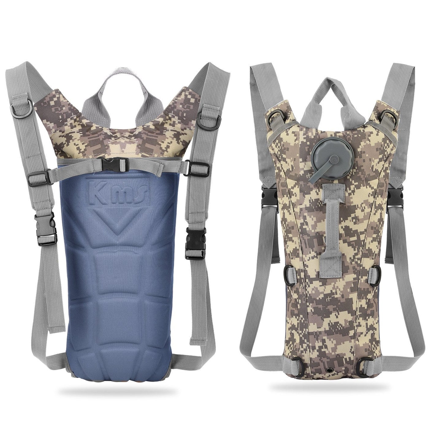Two iMounTEK Tactical Hydration Pack 3L water bladder backpacks blue and camo gray straps on Tampa Home & Garden Store