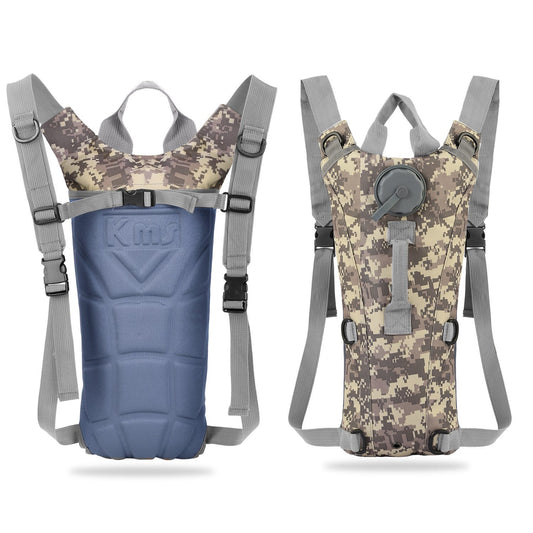 Two iMounTEK Tactical Hydration Pack 3L water bladder backpacks blue and camo gray straps on Tampa Home & Garden Store