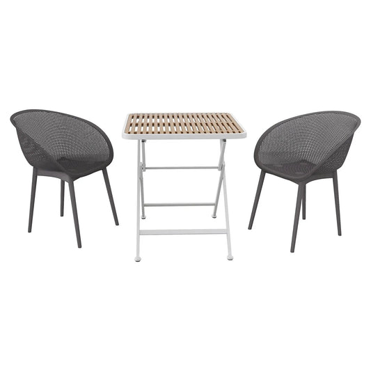 2 dark gray mesh lounge chairs flank a white folding table with light wood slats on Tampa Home & Garden Store
