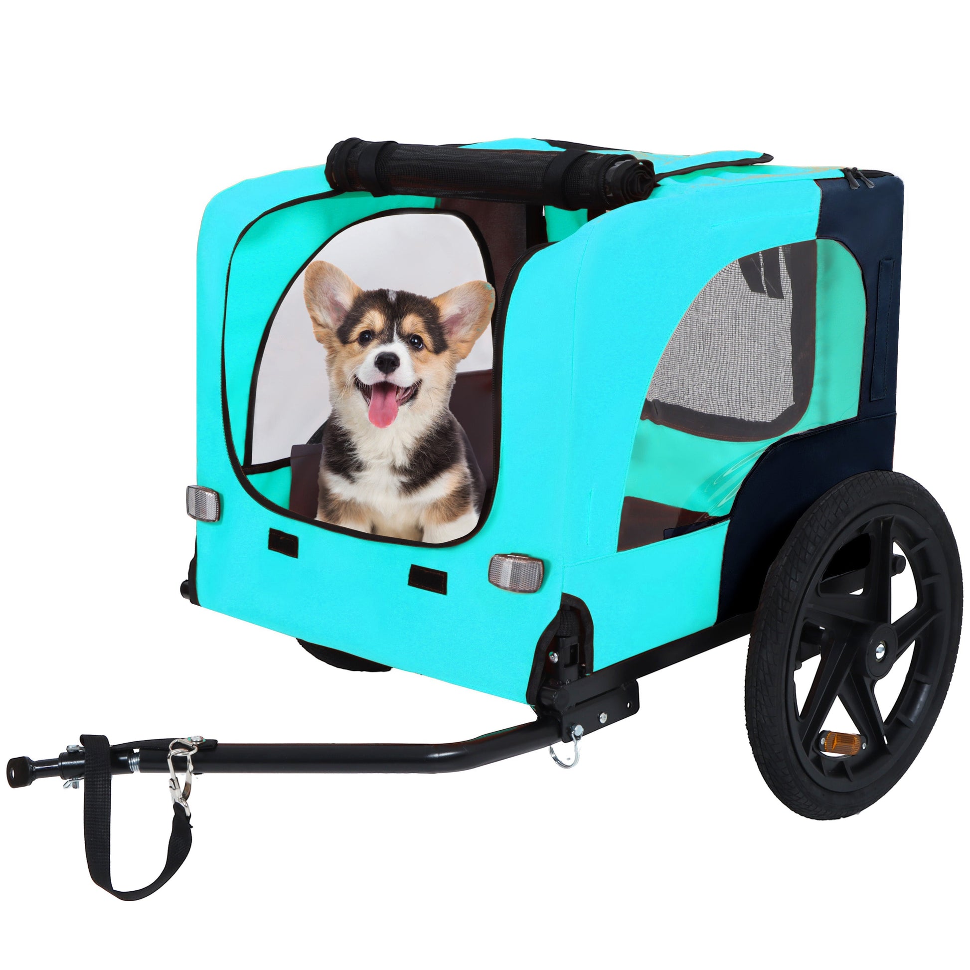Pet bike trailer HouseOfZazla turquoise with mesh window and a smiling dog inside on Tampa Home & Garden Store