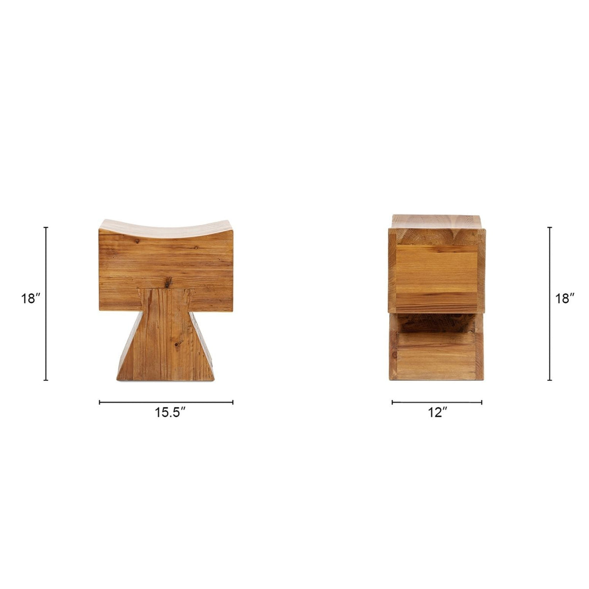 Brown reclaimed wood stool ottomans with sculptural saddle seats, 2-piece set, 18in tall on Tampa Home & Garden Store