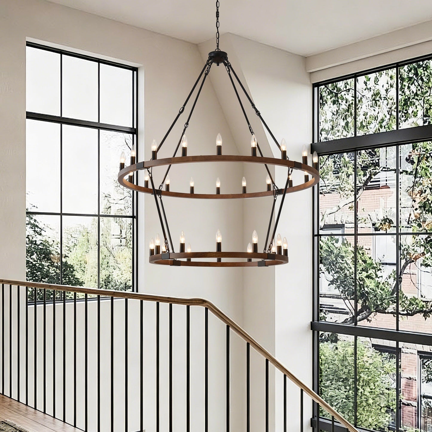 Large solid wood wagon wheel chandelier, 2-tier ring with 32 candle bulbs, black metal frame on Tampa Home & Garden Store