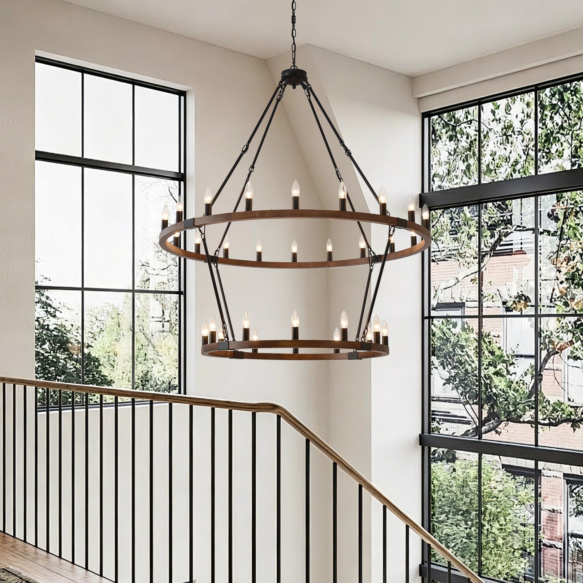 Large solid wood wagon wheel chandelier, 2-tier ring with 32 candle bulbs, black metal frame on Tampa Home & Garden Store
